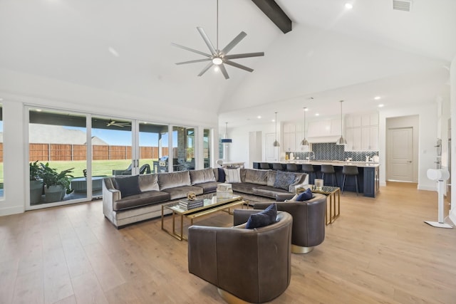 living area with light wood-type flooring, visible vents, high vaulted ceiling, and beamed ceiling