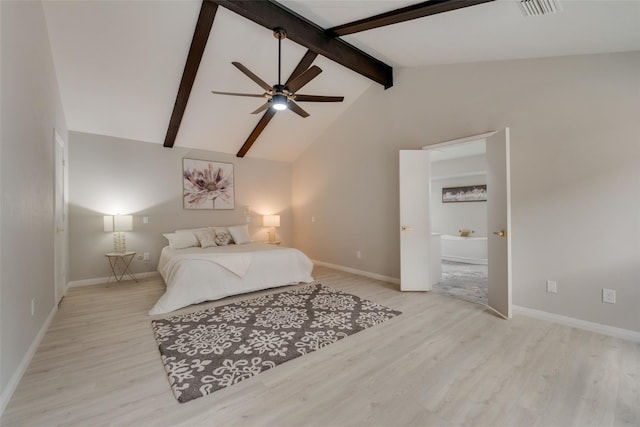 bedroom featuring light hardwood / wood-style flooring, beamed ceiling, high vaulted ceiling, and ceiling fan