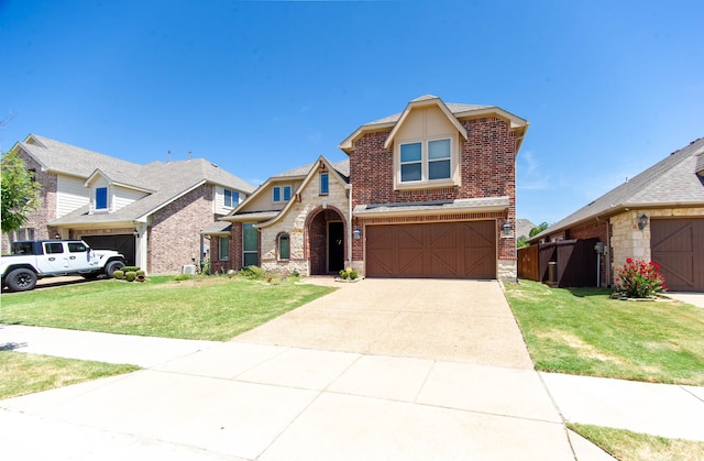 view of front of house with a garage and a front lawn