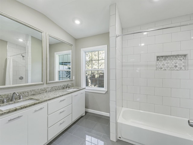 bathroom with vanity, tile patterned floors, and shower / bathtub combination with curtain