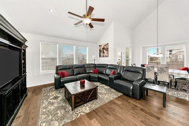 living room with hardwood / wood-style floors, plenty of natural light, and high vaulted ceiling