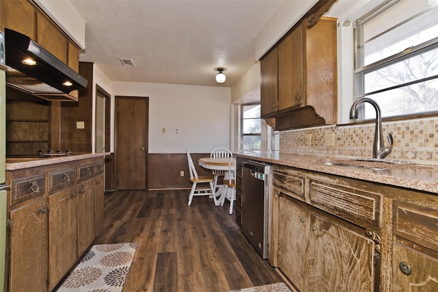 kitchen with sink, dishwasher, dark hardwood / wood-style floors, ventilation hood, and a textured ceiling