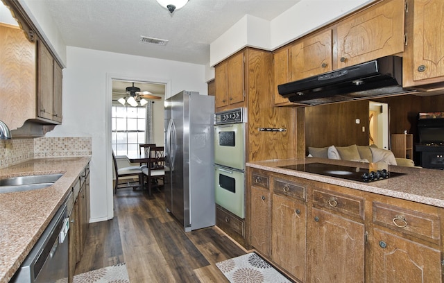 kitchen featuring dark wood-type flooring, sink, a textured ceiling, appliances with stainless steel finishes, and ceiling fan