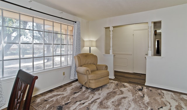 sitting room with dark wood-type flooring and a wealth of natural light