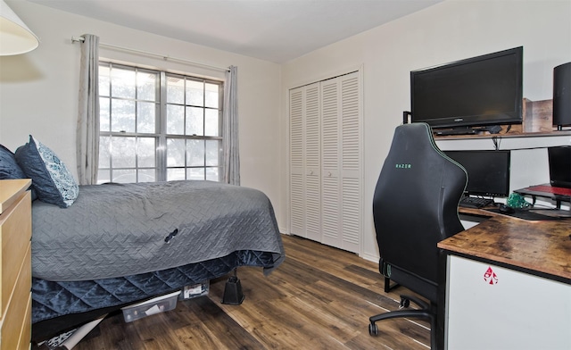 bedroom featuring dark wood-type flooring and a closet