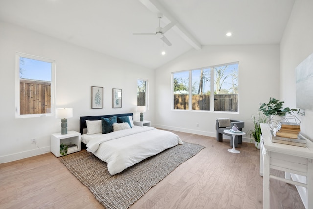 bedroom with light wood-type flooring, lofted ceiling with beams, baseboards, and recessed lighting