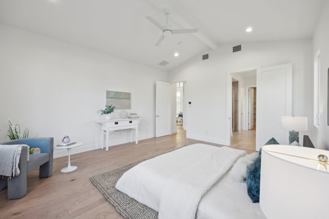 bedroom featuring ceiling fan, light hardwood / wood-style floors, high vaulted ceiling, and beam ceiling