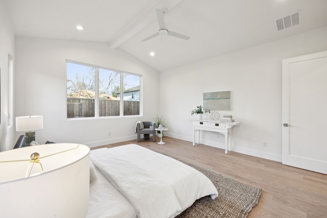 bedroom featuring recessed lighting, visible vents, lofted ceiling with beams, wood finished floors, and baseboards