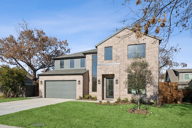 traditional-style home featuring driveway, an attached garage, fence, a front lawn, and brick siding