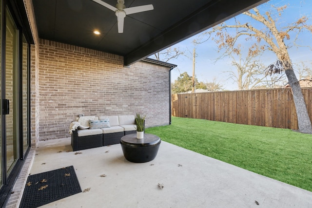 410 Kirkwood Dr, Dallas, TX 75218 - fenced backyard with an outdoor living space, a patio area, and ceiling fan