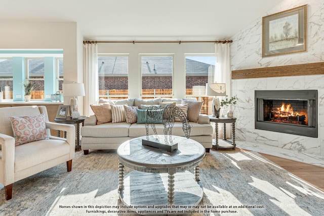 living room with wood-type flooring, vaulted ceiling, and a premium fireplace