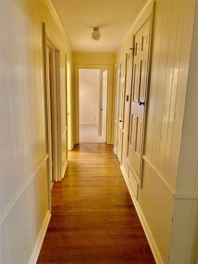 hall featuring ornamental molding and wood-type flooring