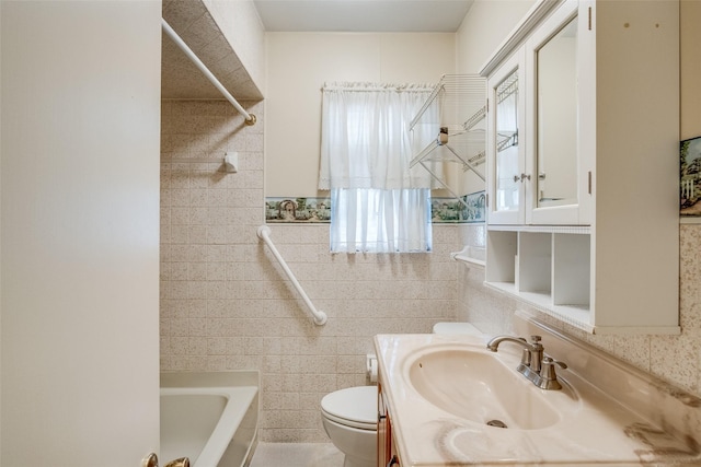 full bathroom with bathing tub / shower combination, toilet, vanity, and tile walls