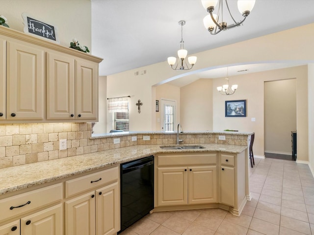 kitchen featuring pendant lighting, dishwasher, sink, tasteful backsplash, and a chandelier