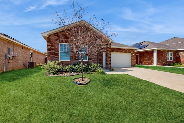 view of front facade featuring a front yard, central AC unit, and a garage