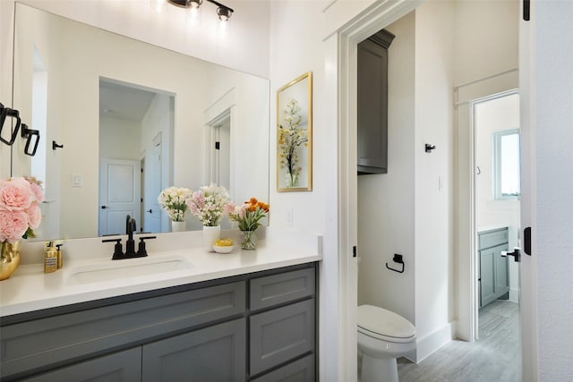 bathroom with vanity, toilet, and hardwood / wood-style flooring