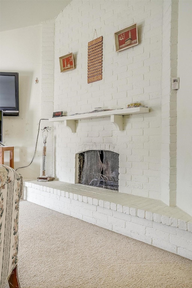 room details with a fireplace and carpet flooring