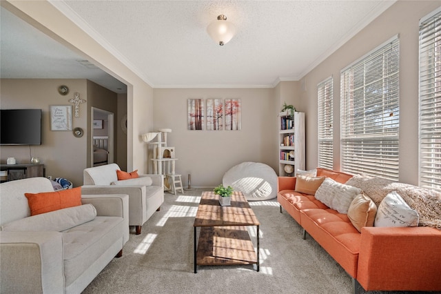 living room with a textured ceiling, carpet, ornamental molding, and a stone fireplace