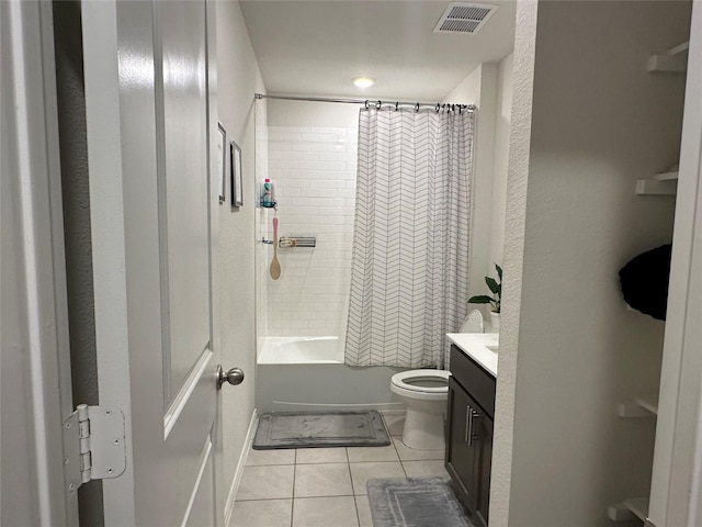 full bathroom featuring vanity, toilet, shower / bathtub combination with curtain, and tile patterned flooring