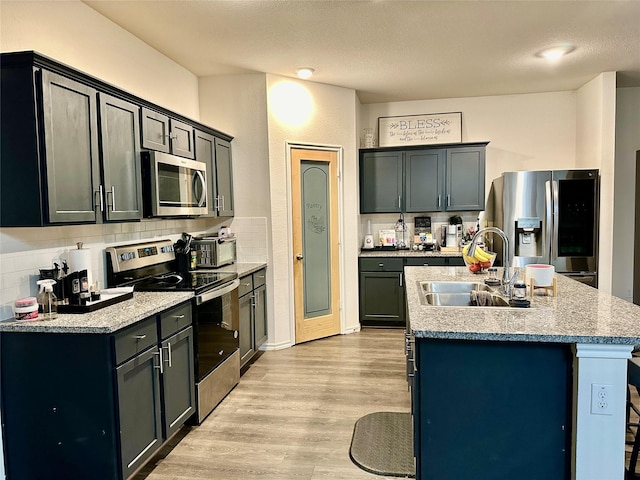 kitchen featuring appliances with stainless steel finishes, tasteful backsplash, a kitchen breakfast bar, sink, and an island with sink