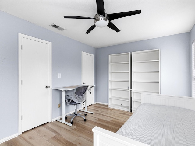 bedroom featuring light hardwood / wood-style floors and ceiling fan