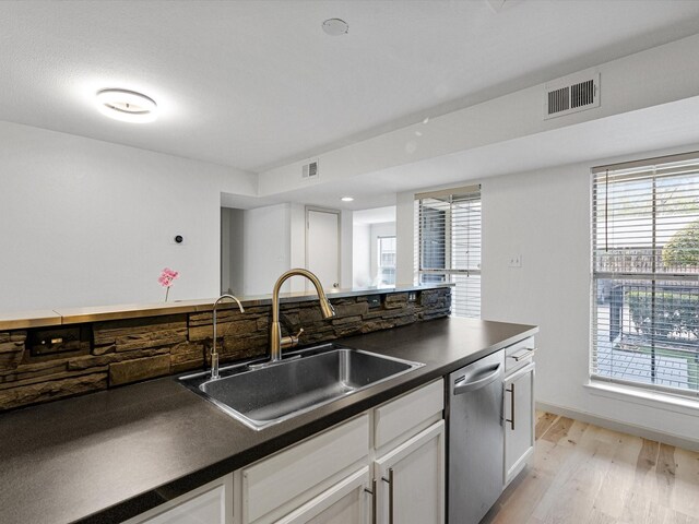 kitchen with white cabinets, light wood-type flooring, stainless steel dishwasher, and sink