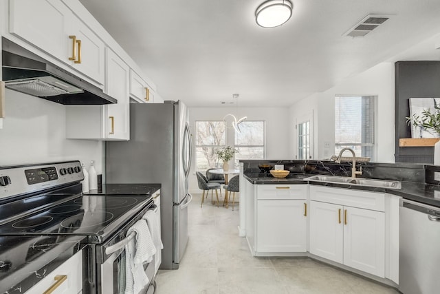 kitchen with sink, stainless steel appliances, white cabinets, and decorative light fixtures