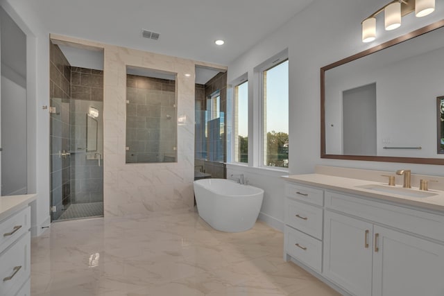 bathroom featuring vanity, a healthy amount of sunlight, and separate shower and tub