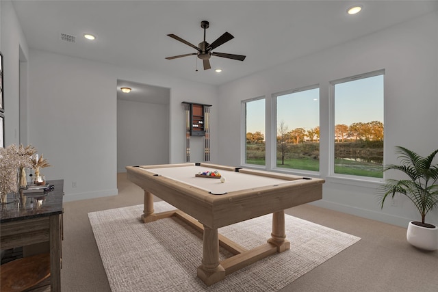 playroom with ceiling fan, pool table, and light carpet