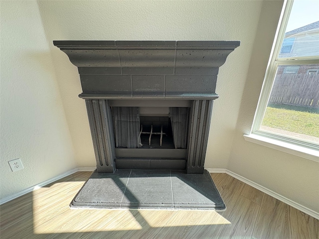 room details featuring a fireplace, baseboards, and wood finished floors