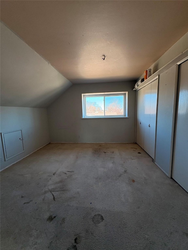 bonus room with light carpet and vaulted ceiling