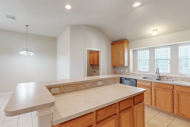 kitchen with dishwasher, sink, hanging light fixtures, vaulted ceiling, and light tile patterned floors