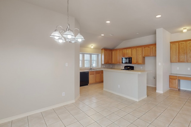 kitchen with black appliances, lofted ceiling, a center island, sink, and light tile patterned floors