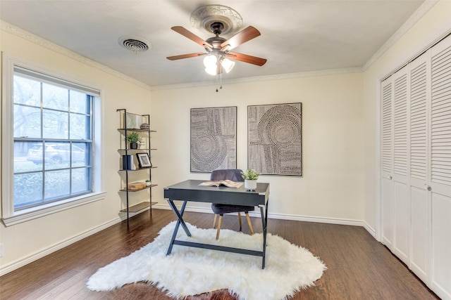 office with dark hardwood / wood-style flooring, crown molding, and ceiling fan