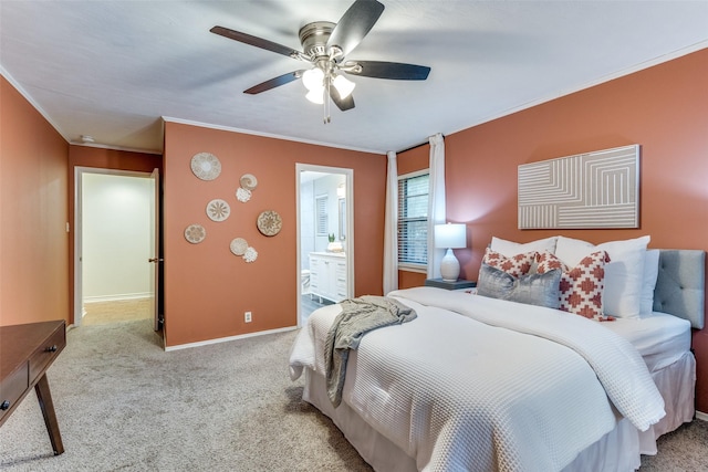 carpeted bedroom with connected bathroom, crown molding, and ceiling fan