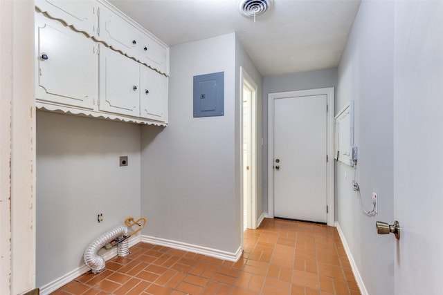 clothes washing area with cabinets, hookup for an electric dryer, and electric panel