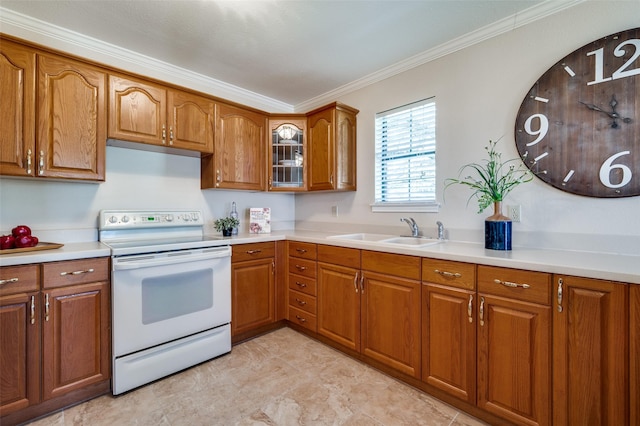 kitchen with sink, crown molding, and white range with electric cooktop