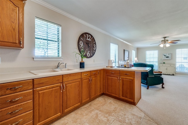 kitchen with sink, kitchen peninsula, a wealth of natural light, and light carpet