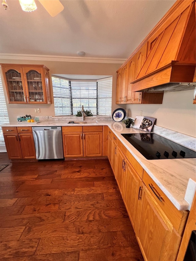 kitchen with stainless steel dishwasher, sink, custom exhaust hood, dark wood-type flooring, and black electric stovetop