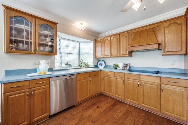 kitchen with black cooktop, dark hardwood / wood-style flooring, sink, stainless steel dishwasher, and custom range hood