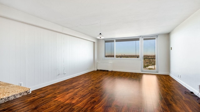 spare room featuring radiator heating unit and dark hardwood / wood-style floors