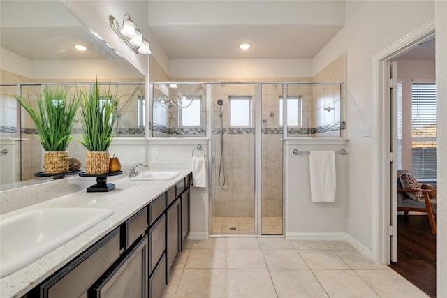 bathroom with tile patterned flooring, vanity, and a shower with door