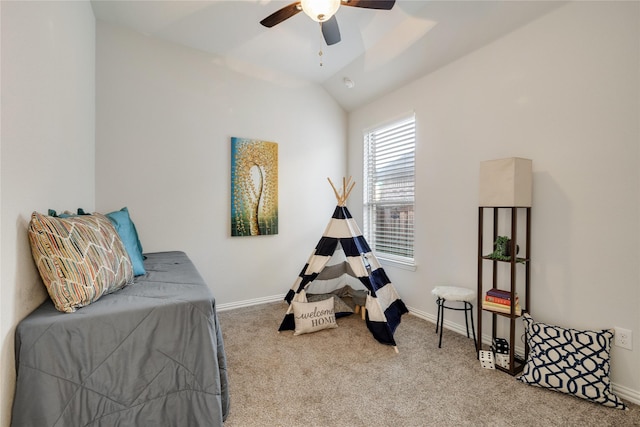 rec room with lofted ceiling, carpet, baseboards, and a ceiling fan