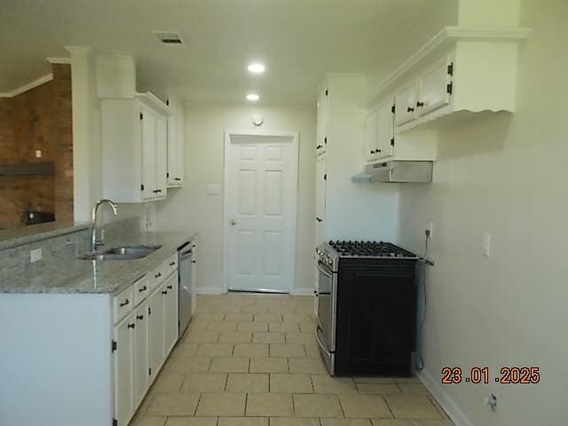 kitchen with stainless steel appliances, light stone countertops, sink, and white cabinets