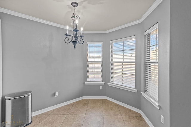 unfurnished dining area with light tile patterned floors, ornamental molding, and a chandelier