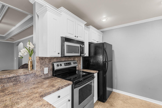 kitchen featuring stainless steel appliances, white cabinetry, tasteful backsplash, and ornamental molding