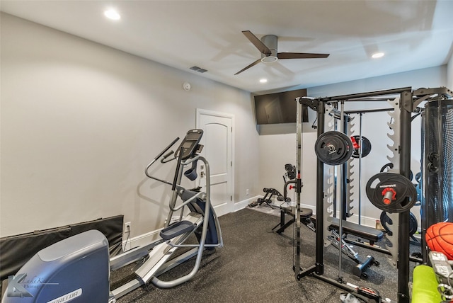 exercise area with ceiling fan