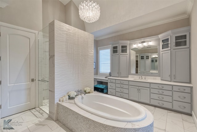 bathroom with vanity, a notable chandelier, and plus walk in shower