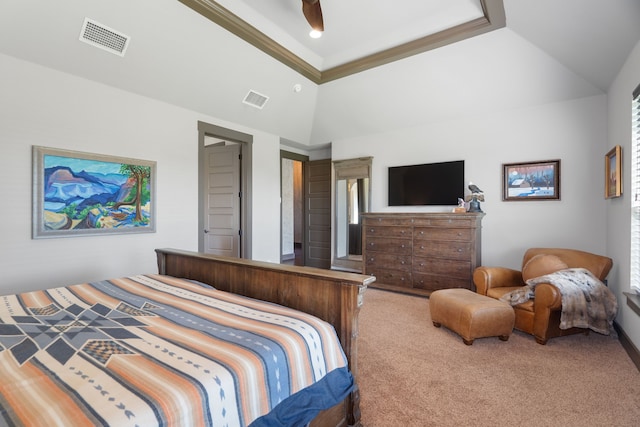 carpeted bedroom with visible vents, recessed lighting, and a raised ceiling