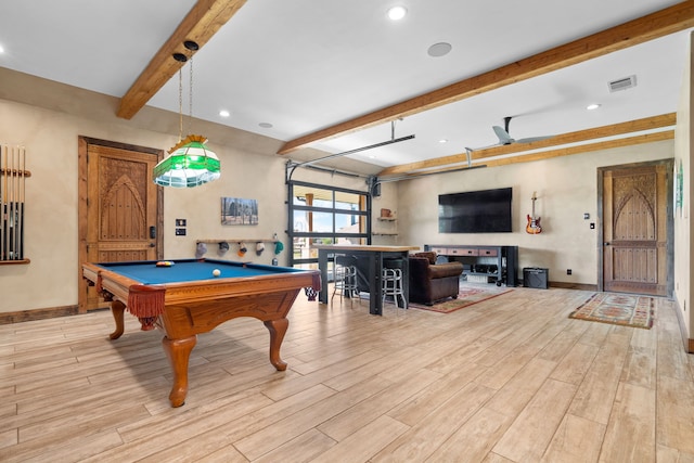 game room featuring pool table, baseboards, beam ceiling, and light wood finished floors